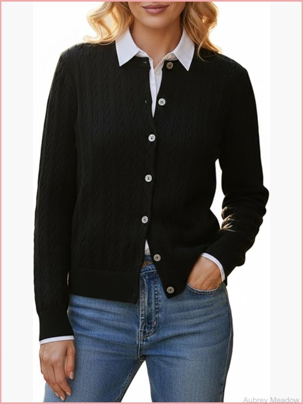 Classic Cable Knit Button Down Cardigan Long Sleeve Crew Neck